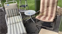 Lawn chair, chase and round table