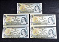 (5) CRISP SEQUENTIAL SERIAL # Canada 1973 $1 BILLS