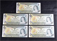 (5) CRISP SEQUENTIAL SERIAL # Canada 1973 $1 BILLS