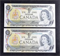 (2) CRISP SEQUENTIAL SERIAL # Canada 1973 $1 BILLS