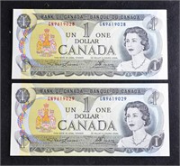 (2) CRISP SEQUENTIAL SERIAL # Canada 1973 $1 BILLS