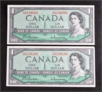 (2) CRISP SEQUENTIAL SERIAL # Canada 1967 $1 BILLS