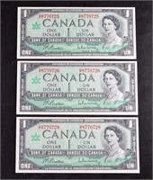 (3) CRISP SEQUENTIAL SERIAL # Canada 1967 $1 BILLS
