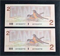 (2) SEQUENTIAL SERIAL $2 CANADA BANK NOTES BILLS