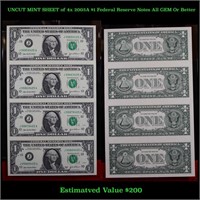 UNCUT MINT SHEET of 4x 2003A $1 Federal Reserve No