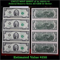 UNCUT MINT SHEET of 4x 2003A $2 Federal Reserve No