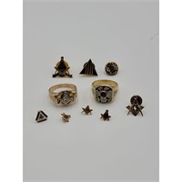 Lot Of 2 10-14k Masonic Gold Rings Diamond & Ruby