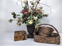 3 Wicker baskets, floral painted box broken
