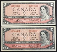 2 1954 $2 Notes different signature combinations