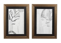 Pair of Large Graphite Drawings Mask I & Mask II