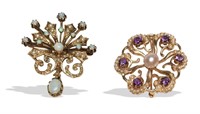 2, 14K Gold Brooches with Amethyst, Opal & Pearls