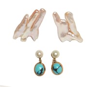 2 Pair 14K Gold, Pearl & Turquoise Earrings