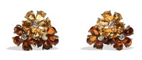 Pair of 14K Gold Diamond & Citrine Floral Earrings