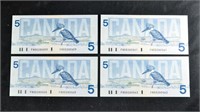 (4) SEQUENTIAL SERIAL # $5 CANADA BANK NOTES BILLS