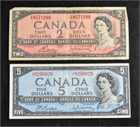 1954 CANADA $2 & $5 BILLS BANK NOTES