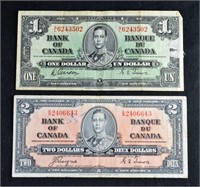 1937 CANADA $1 & $2 BANK NOTES BILLS