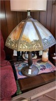 Cast Greek faun lamp with Slag glass shade 21”