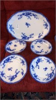 Flow blue large platter and 4 plates England