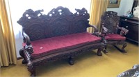 Dragon-carved mahogany sofa and rocker w/velvet