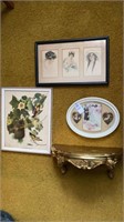 3 Victorian prints & small wall shelf