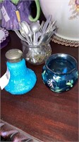 Aqua milk glass shaker, hand painted piece,