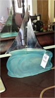 Aqua satin glass TV lamp w/sailboat