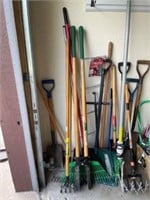 Yard tools, rakes, shovels, hoes, garden