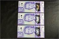 UC (3) SEQUENTIAL $10 CANADA BANK NOTES BILLS