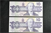 UC (2) 1989 SEQUENTIAL $10 CANADA BANK NOTES BILLS