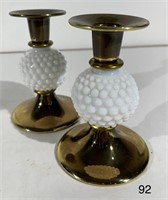 Pair of Milk Glass Hobnail & Brass Candle Holders