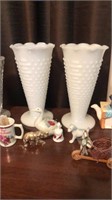 2 milk glass vases, 2 other glass vases, sewing