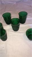Green glass set 3 cups, 3 shot glasses, 3 bowls