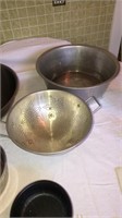 Pots, strainer, lg metal bowls, pitcher and pot