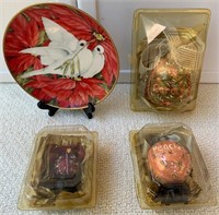 804 - DOVES PLATE & 3 COLLECTOR ORNAMENTS