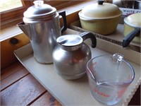 Pyrex measuring cup, stainless steel pitchers, etc