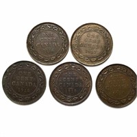 1916 to 1920 Large cents - 5 coins