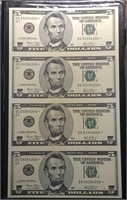 (4) 2003 Series Federal reserve $5 Note uncut