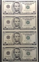 (4) 2003 Series Federal reserve $5 Note uncut