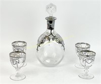 SILVER OVERLAY DECANTER AND FOUR GLASSES