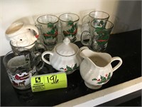 Group of misc. holiday glasses, mugs, sugar & crea