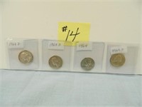 1962D, 63D, 64, 64D Washington Silver Quarters