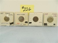 (4) Shield Nickels (2) 1867, (2) 1868 -