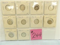 (10) 1964D Rosy All Silver Dimes (All Low Grade)