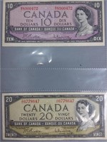 Canadian 1954 $10.00 & $20.00 Dollar Bills