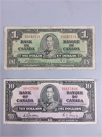 Canadian 1937 $1.00 & $10.00 Dollar Bills