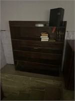 Wood bookcase w/ old bible & hymnals