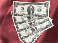 Lot of 5 $2.00 bill Uncirculated sequence