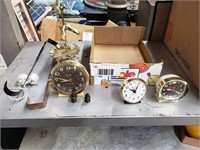 Vintage alarm clocks, stand w/ clamps. Door