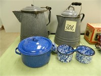 (2) Gray Enamelware Coffee Pots & Misc. Blue &