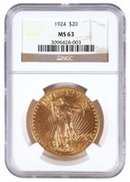 1924 $20 US Double Eagle Gold Coin NGC MS 63